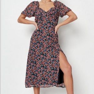 Black Floral Milkmaid Midi Dress